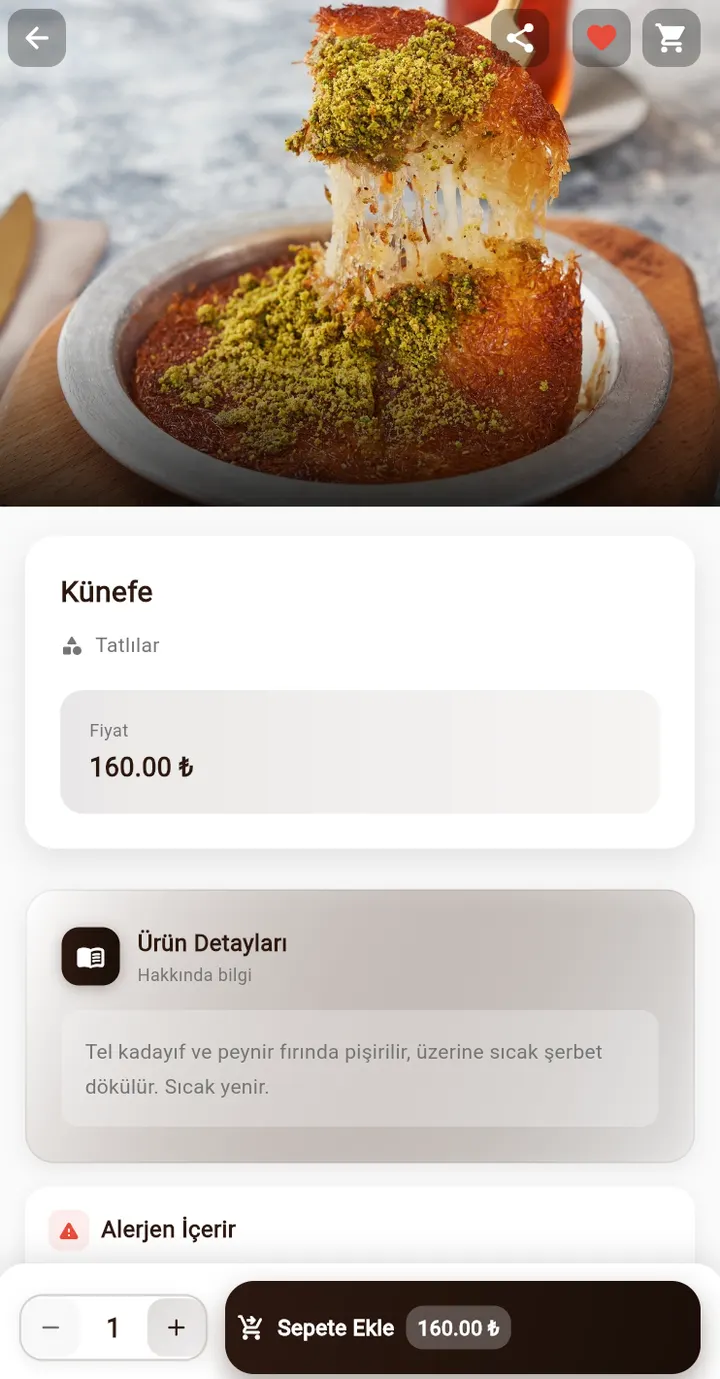 MENUME BAK müşteri ekranı: Ürün detayı