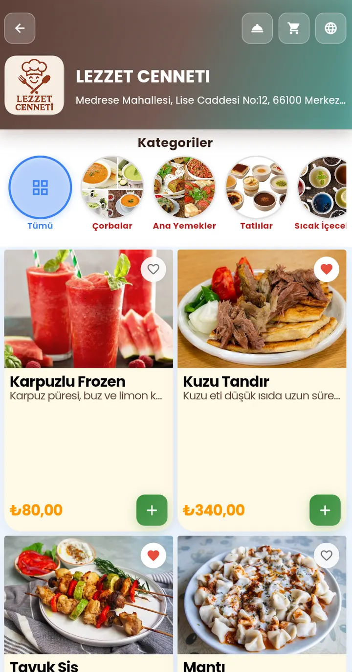 MENUME BAK müşteri ekranı: Menü ana sayfası