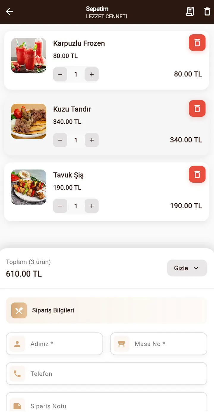 MENUME BAK müşteri ekranı: Sipariş verme