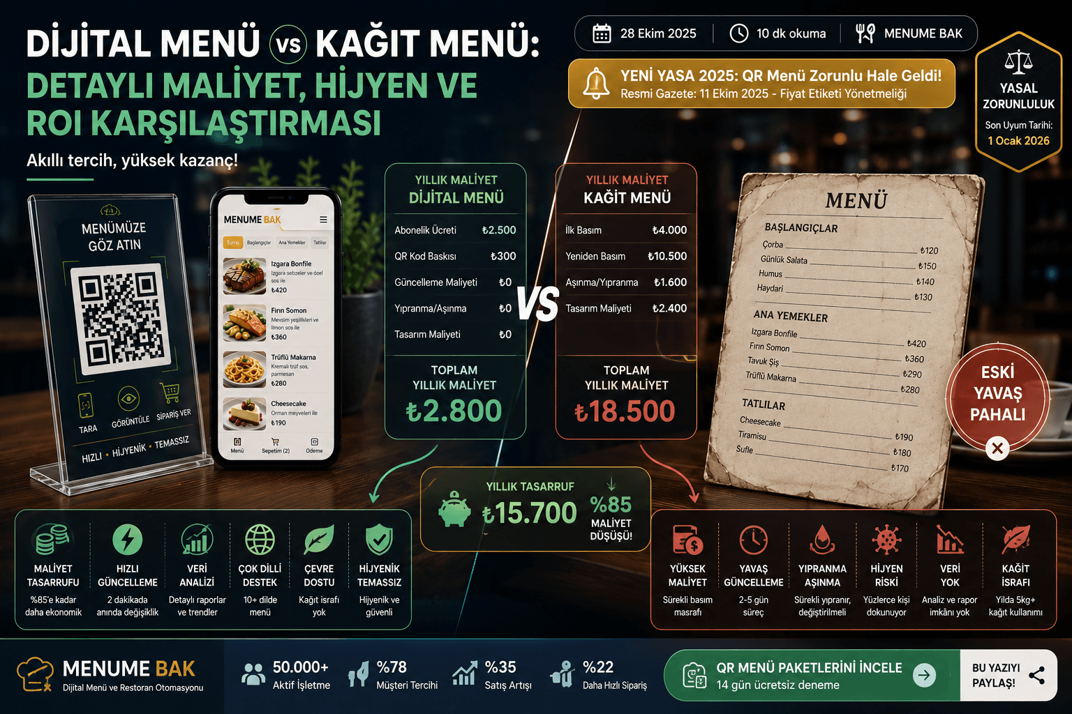 Dijital Menü vs Kağıt Menü: Detaylı Maliyet, Hijyen ve ROI Karşılaştırması