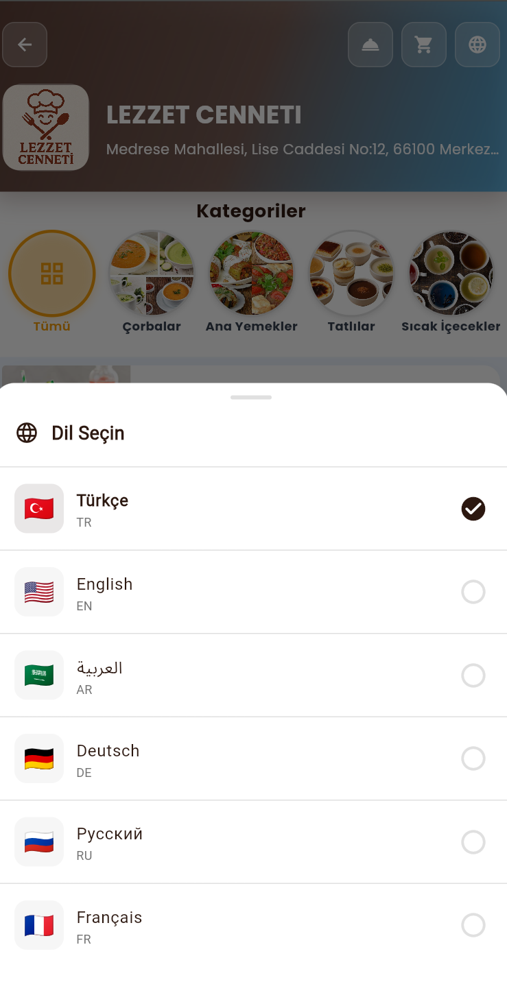 Çoklu Dil Desteği - QR Menü Dil Seçimi (Türkçe, İngilizce, Arapça)