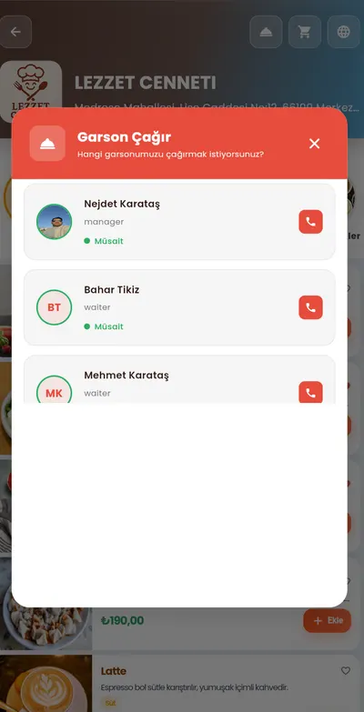 Menüden garson çağırma ekranı