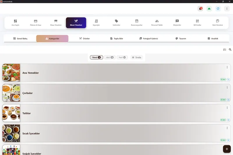 Menü kategori ve ürün yönetimi ekranı